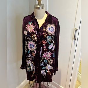 Johnny Was Velvet Pacifica velvet oversized shirt eggplant